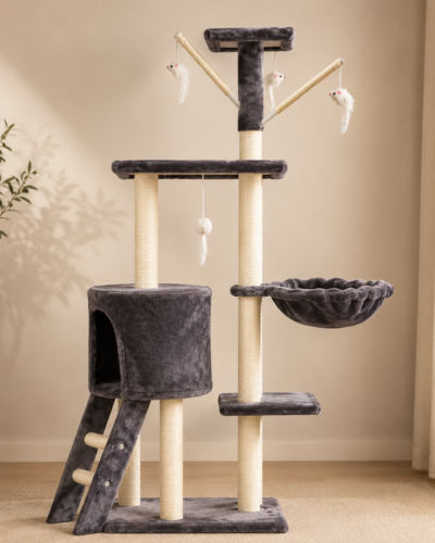 Home cat tree house tower & climbing frame sisal post 138cm dark grey