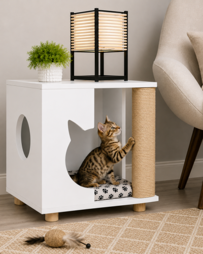 Modern Cat House Side Table with Scratching Post