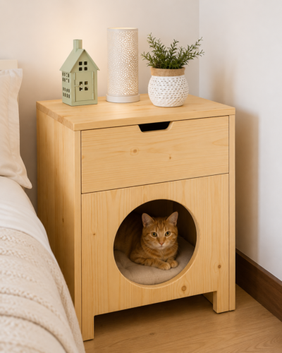 Pine Cat House Bedside Table